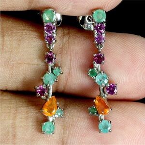 Stunning!! Natural Emerald, Garnet & Orange Opal 925 Sterling Silver Earrings
